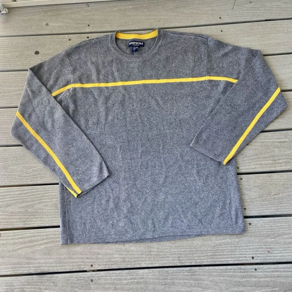 Aeropostale Y2K Striped Sweater XL Gray Yellow Ringer Neck Skater Indie Grunge